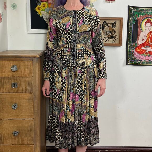 Vintage Faux Patchwork Print Dress, 1990s Bohemian Rayon Midi, Sz M April Rain - Picture 5 of 13